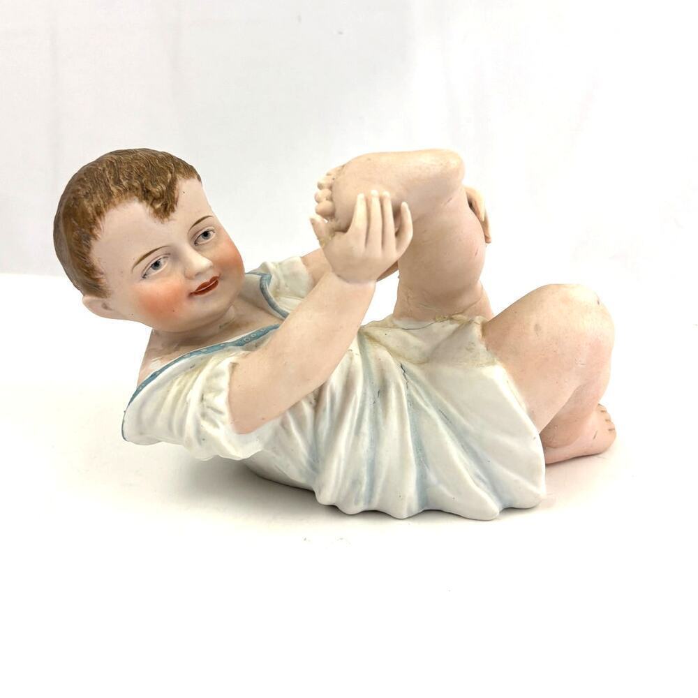 Antique German Bisque Piano Baby‎ on Back Germany 7.5" Long